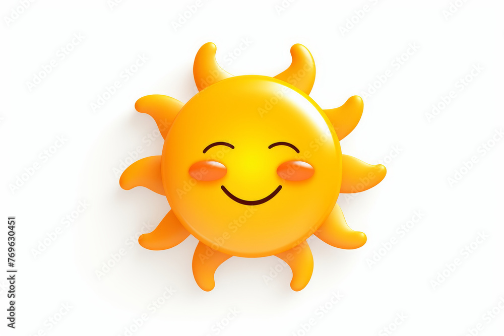 A cheerful 3D graphic of a smiling sun with vibrant yellow rays and rosy cheeks, exuding warmth