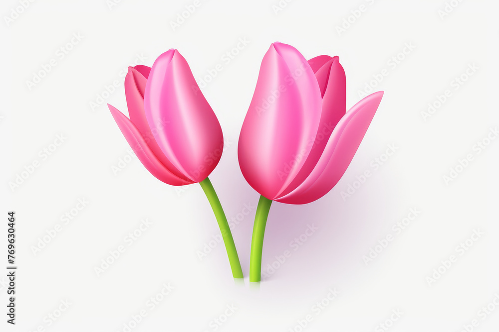 Two beautifully rendered pink tulips with detailed petals and long green stems against a pure white backdrop Two beautifully rendered pink tulips with detailed petals and long green stems against a pure white backdrop