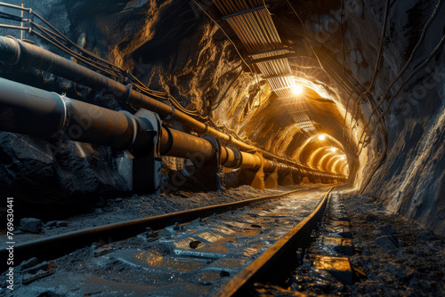 An underground tunnel with tracks for the removal of coal or other minerals mined underground 