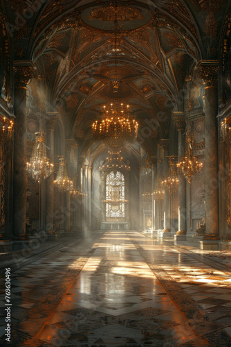 Opulent gothic cathedral interior with sunlight streaming through a large stained glass window, casting patterns on the ornately patterned floor