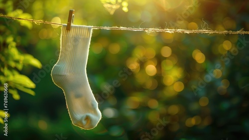 A single white sock hanging on a clothesline bathed in the warm glow of sunlight filtering through green foliage.