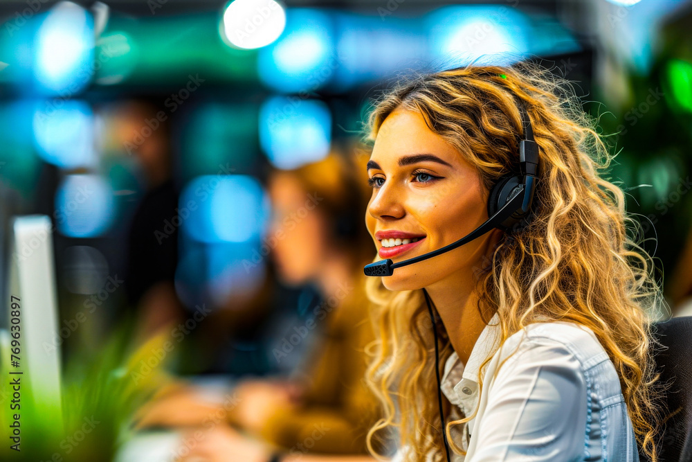 Beautiful woman with a headset working in a bright and busy call center setting Beautiful woman with a headset working in a bright and busy call center setting