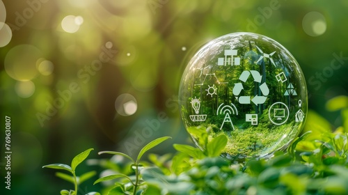 Glass globe with different icons in the forest. Recycling, environmental protection, ecology, green energy and recycling concept.