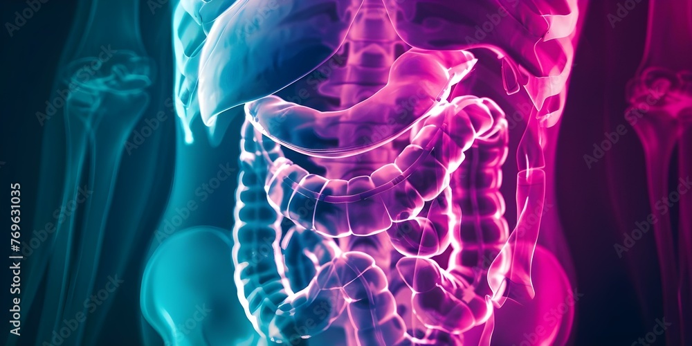 Xray image of a human stomach showing medical conditions like GERD and stomach infections in digital health. Concept Medical Imaging, Digital Health, Gastrointestinal Disorders, Stomach Infections - obrazy, fototapety, plakaty 