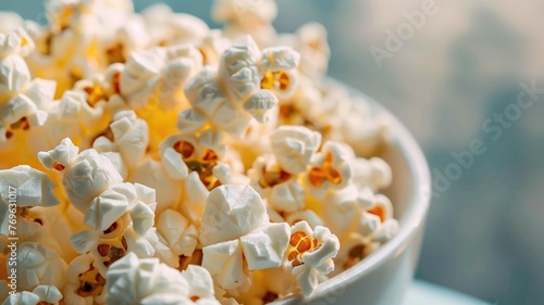 A close-up view of a bowl filled with freshly popped popcorn against blurred background.