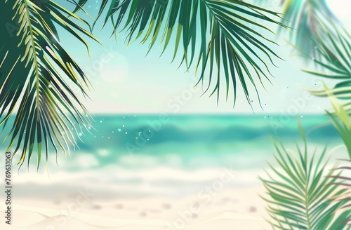 A palm tree on a beautiful beach with white sand and the ocean in the background. Tropical summer vacation in paradise concept. © Simon
