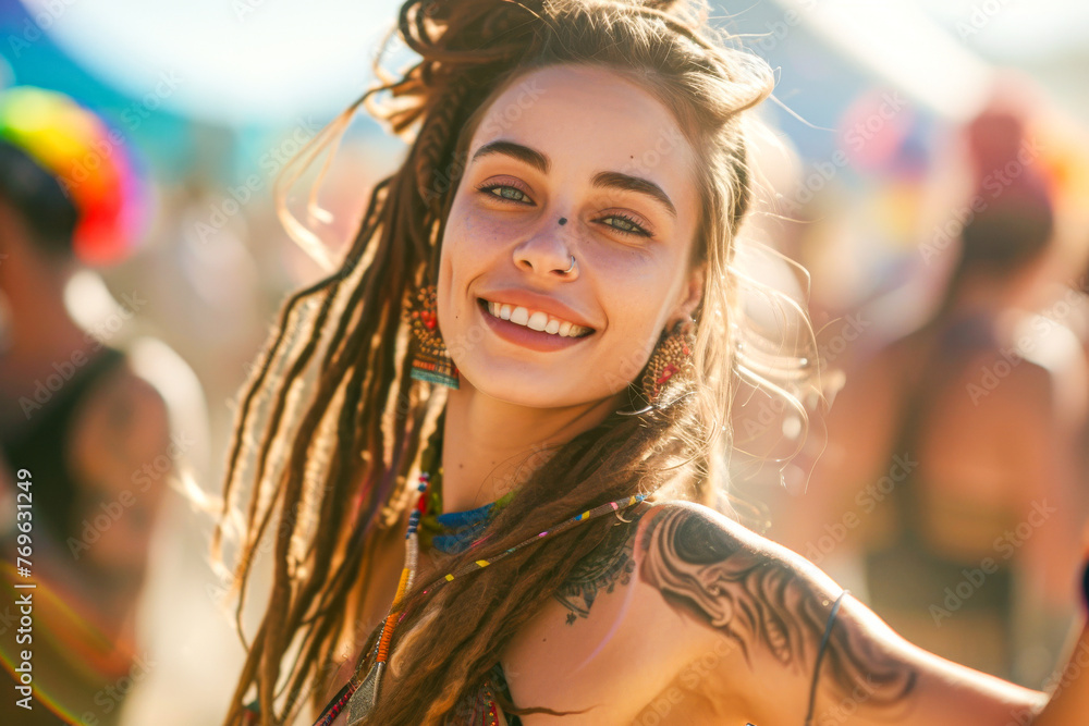 Close-up shot of a smiling woman with dreadlocks and tattoos enjoying herself at a sunny outdoor festival Close-up shot of a smiling woman with dreadlocks and tattoos enjoying herself at a sunny outdoor festival