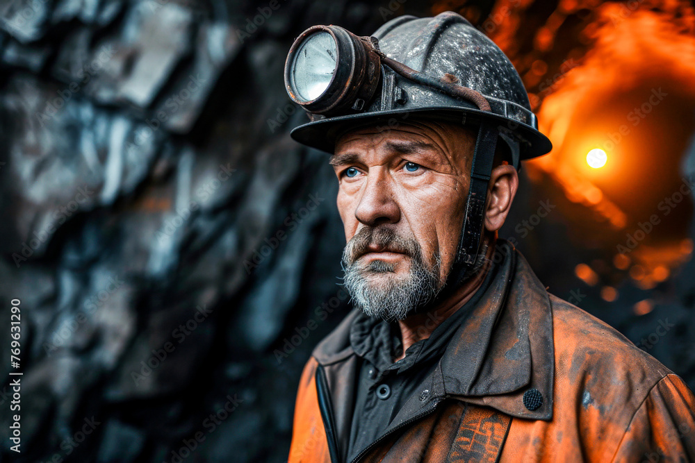 A striking portrait of a miner with a look of determination, against a vivid, fiery background in a mining tunnel A striking portrait of a miner with a look of determination, against a vivid, fiery background in a mining tunnel