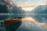 Lone rowboat drifting on a serene mountain lake at sunrise.
