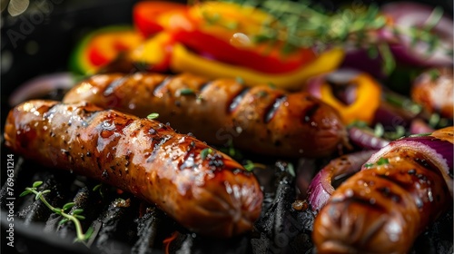 Delicious assortment of sausages and merguez sizzling on a barbecue grill at a vibrant summer party photo