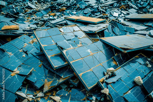 A close-up of shattered solar panels, representing the darker side of technology and environmental concerns photo