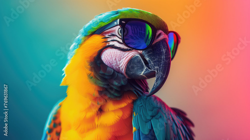 Cool Parrot with Sunglasses on Colorful Background Generative AI