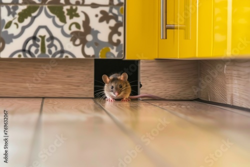 mouse peeking out from baseboard hole in modern kitchen