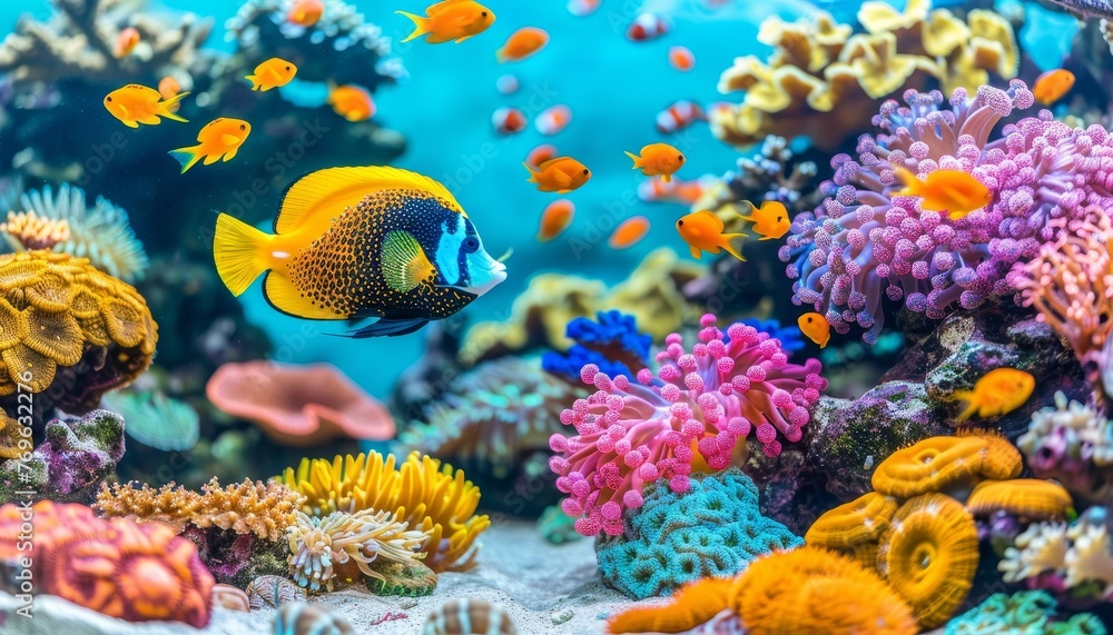 Vibrant anemonefish gracefully swimming among colorful corals in a saltwater aquarium display - obrazy, fototapety, plakaty 