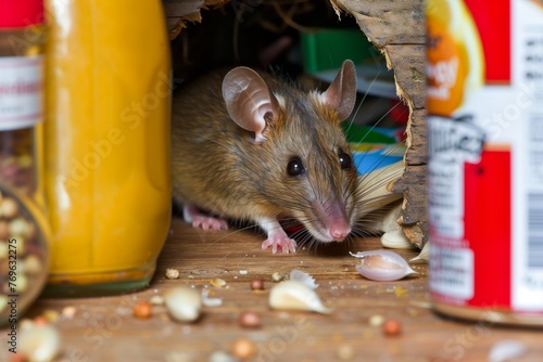 brown mouse peeking from a hole near pantry items © primopiano