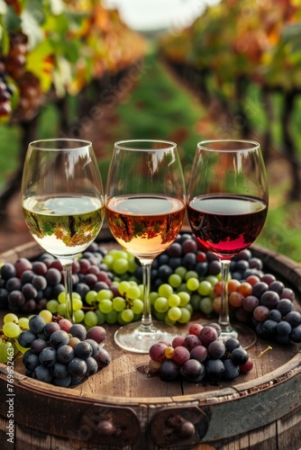 Assorted red  white  and rose wines tastefully arranged on wooden barrel in scenic vineyard backdrop
