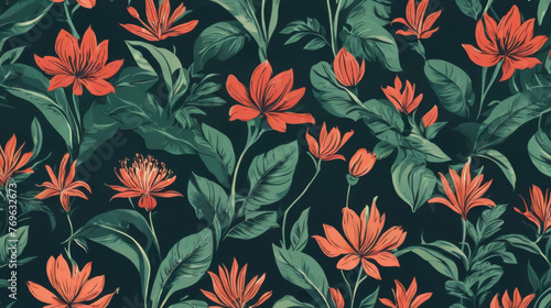 Red Flowers and Green Leaves on Black Background. Generative AI