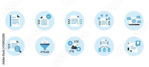 Text Summarization Illustration. Shortening Text icon. Efficient Text Processing Icon. Information Compression. Dialogue Generation. Virtual Assistant Icon. Context Generation. photo