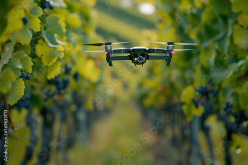 A drone flies through a vineyard, inspecting the ripe grapes ready for harvest.