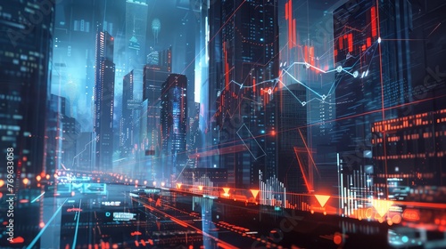 Financial graphs and digital indicators overlap with modernistic urban area  skyscrabber for stock market business concept. Double exposure.