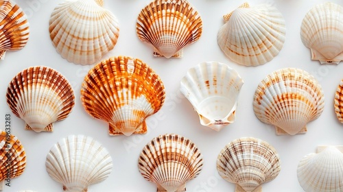 A pattern of seashells arranged in a geometric grid formation. AI generate illustration