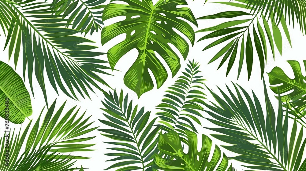 Fototapeta A repeating pattern of palm leaf silhouettes against a light background. AI generate illustration