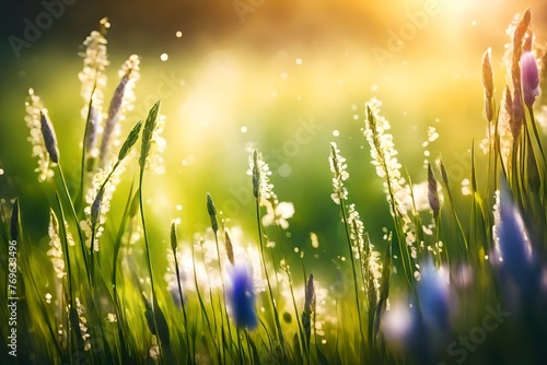 art abstract floral spring or summer background with fresh grass and spring flower 