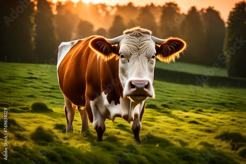 A dairy cow in a filed of farmland grazing on lush green grass at sunset. 