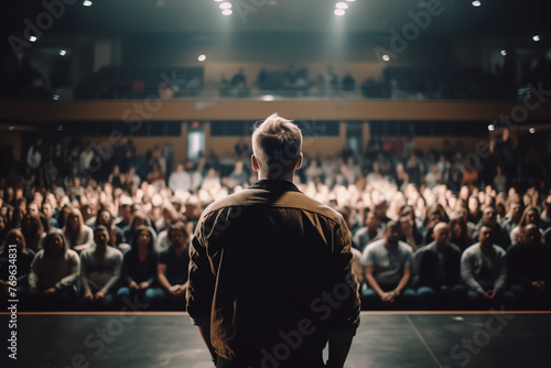 Back view of motivational speaker standing on stage in front of audience