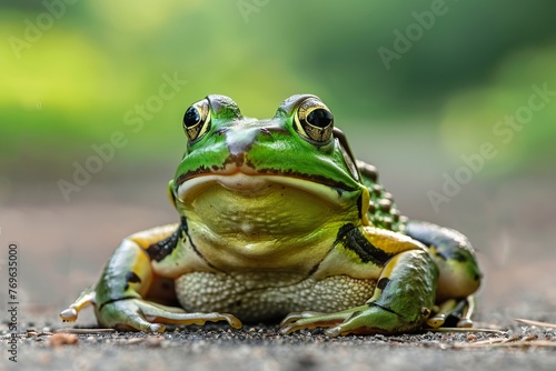 Serene green frog sitting calmly on the ground with its eyes wide open © Zero Zero One