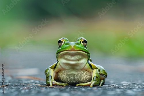 Serene green frog sitting calmly on the ground with its eyes wide open © STOCKAI