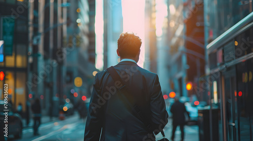 Businessman walking on urban street at sunset