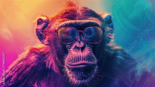Cool Monkey with Sunglasses on Colorful Background Generative AI