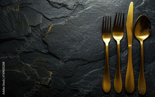 Gleaming Gold Utensils Showcased on a Dark Background,Luxurious Presentation: Golden Cutlery, Copy Space, Generative Ai