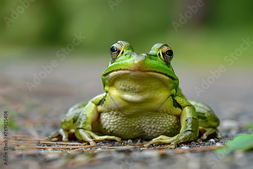 Serene green frog sitting calmly on the ground with its eyes wide open © Zero Zero One