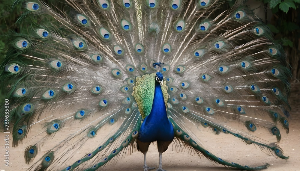 A Peacock With Its Feathers Spread Out In A Mating Upscaled 4 1 - obrazy, fototapety, plakaty 