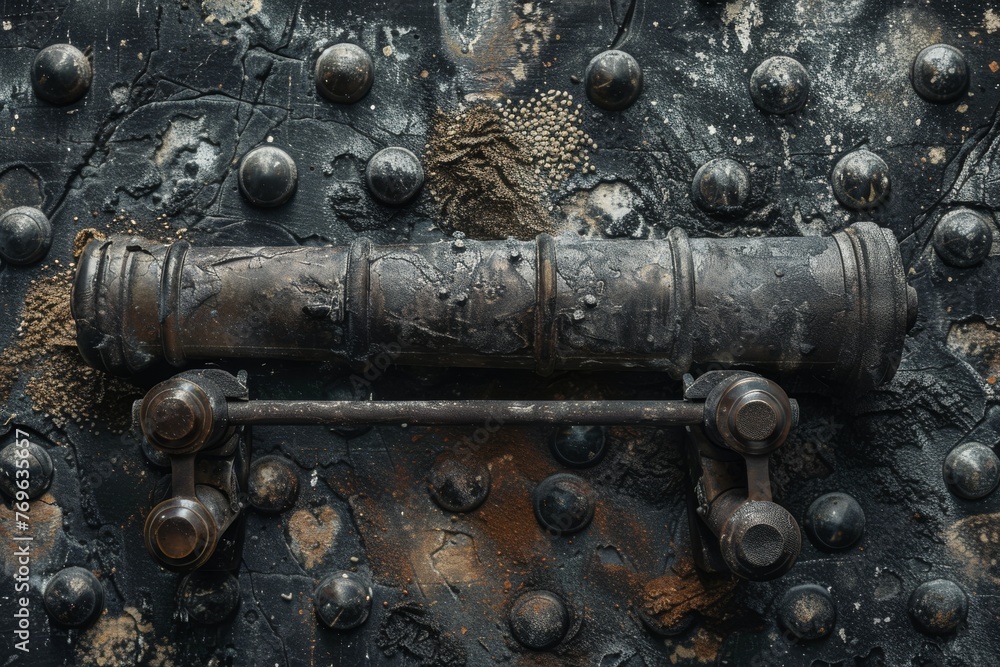 A detailed cannon and musket ball pattern set against a backdrop of smudged gunpowder, symbolizing the fierce naval battles and armed confrontations created with Generative AI Technology