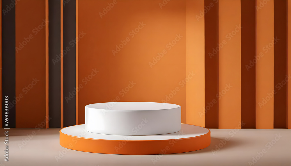 3D realistic orange and white cylinder pedestal podium background with geometric backdrop. Generative AI.