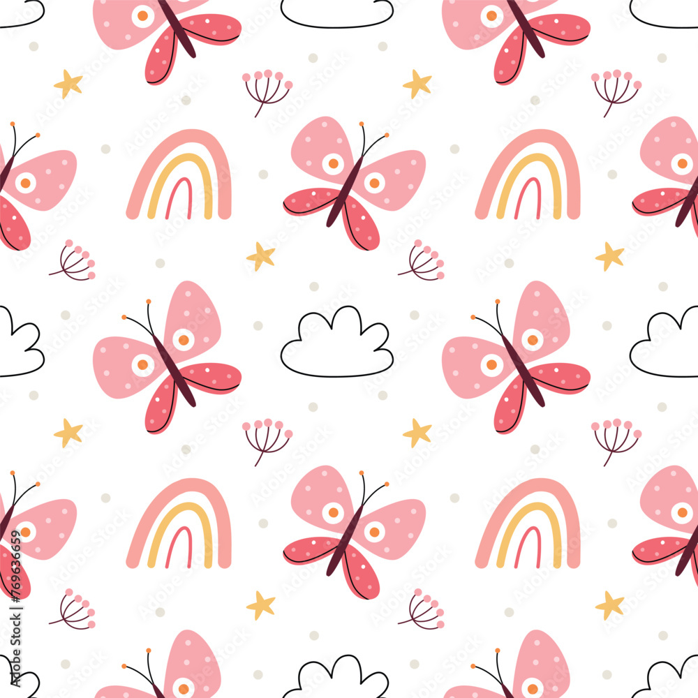 A pattern with butterflies, flowers and clouds on a white background. A pattern with butterflies, flowers and clouds on a white background.