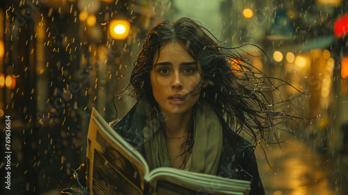 Portrait of a girl with a magazine running in the rain