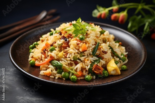 Exquisite fried rice on a rustic plate against a polished cement background