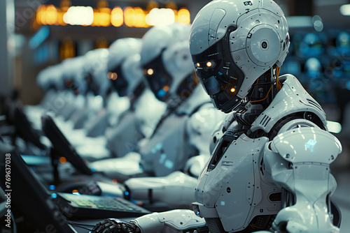 AI roboters working in a row in the service/computer branche. AI Generated