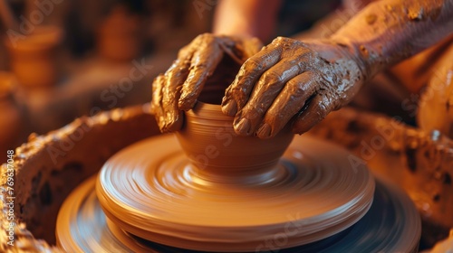 Potter hand shaping clay on a pottery wheel