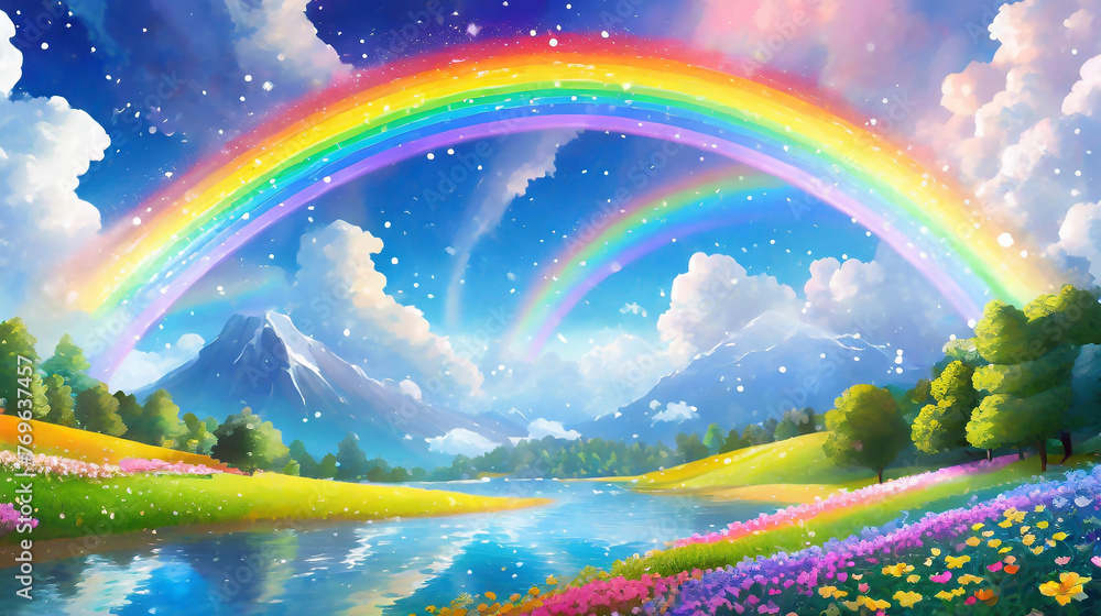 光り輝く虹の景色