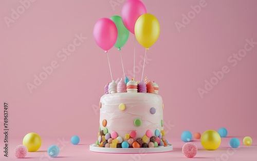 Birthday Delight  Colorful Candies and Pink Background Cake Sweet Confections and Rosy  Copy Space  Generative Ai