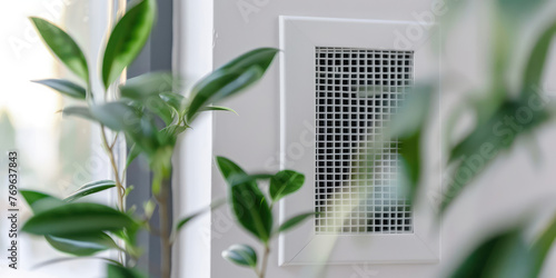 Modern Wall Ventilation Grille. Close-up of a wall-mounted air vent. © SnowElf