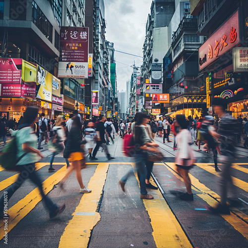 People walking in the streets in Songkok Hong Kong walking at city street, motion blur effect. photo