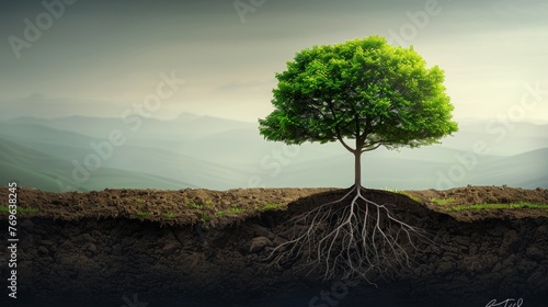 Large green tree with visible roots, perfect background for text placement and creative designs