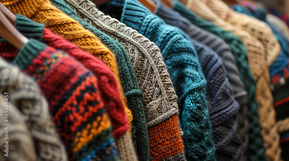 Rows of bright, colorful knitwear draped over hangers displaying the variety of patterns and designs