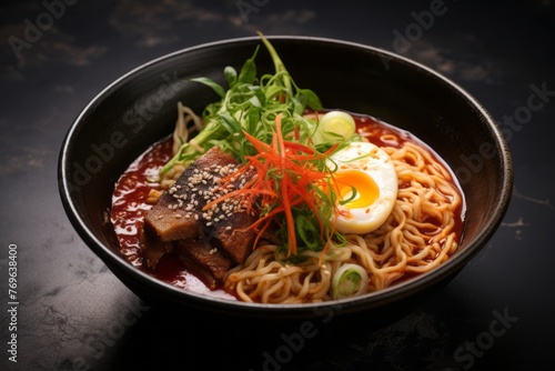 Tasty ramen on a slate plate against a polished cement background